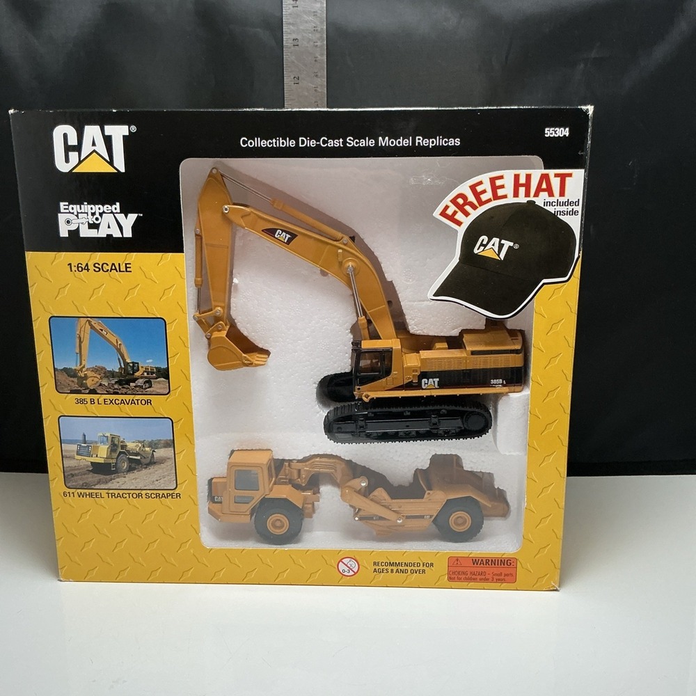 Vintage Norscot CAT 1:64 Diecast 385BL Excavator Scraper Box Set 55304 No Hat